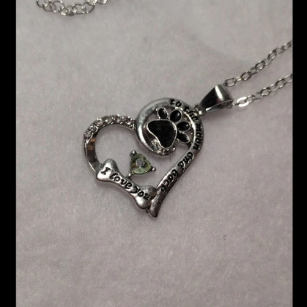 Paw Heart Necklace Pendant Green Crystal I Love You To The Moon and Back